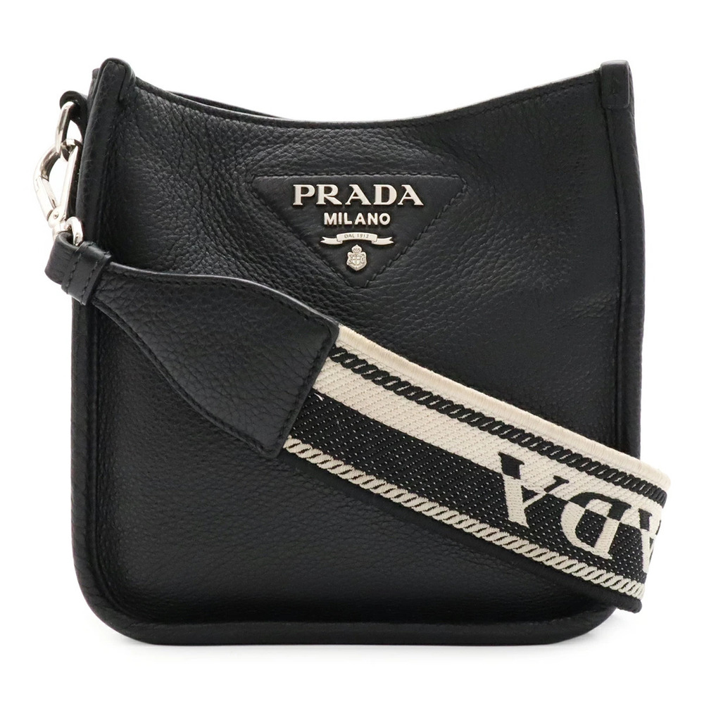 Prada Vitello Daino Soft Leather Shoulder Bag Striped Crossbody NERO Black